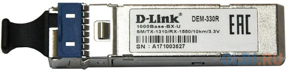 Модуль D-Link  330R/10KM/A1A WDM SFP-трансивер с 1 портом 1000Base-BX-U (Tx:1310 нм, Rx:1550 нм) для одномодового оптического кабеля (до 10 км) dmc 515sc e медиаконвертер с 1 портом 10 100base tx и 1 портом 100base fx с разъемом sc для одномодового оптического кабеля до 15 км