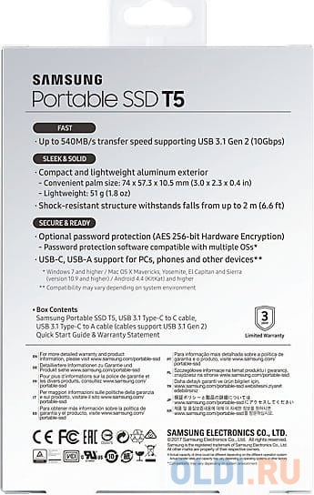 Внешний твердотельный накопитель SSD 1TB Samsung T5 (Up to 540Mb/s, USB 3.1 Type-C) (MU-PA1T0B/WW) Вид№8