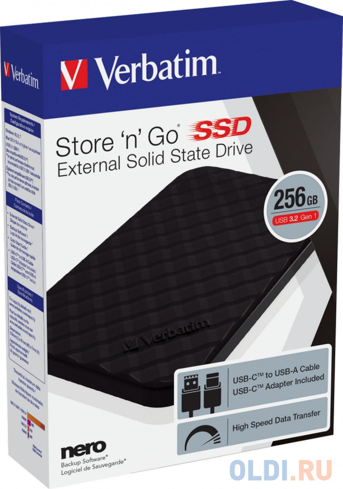 Внешний SSD диск 2.5" 256 Gb USB 3.2 Gen1 Verbatim Store ‘n’ Go черный 53249, размер 119 x 81 x 7 мм - фото 5