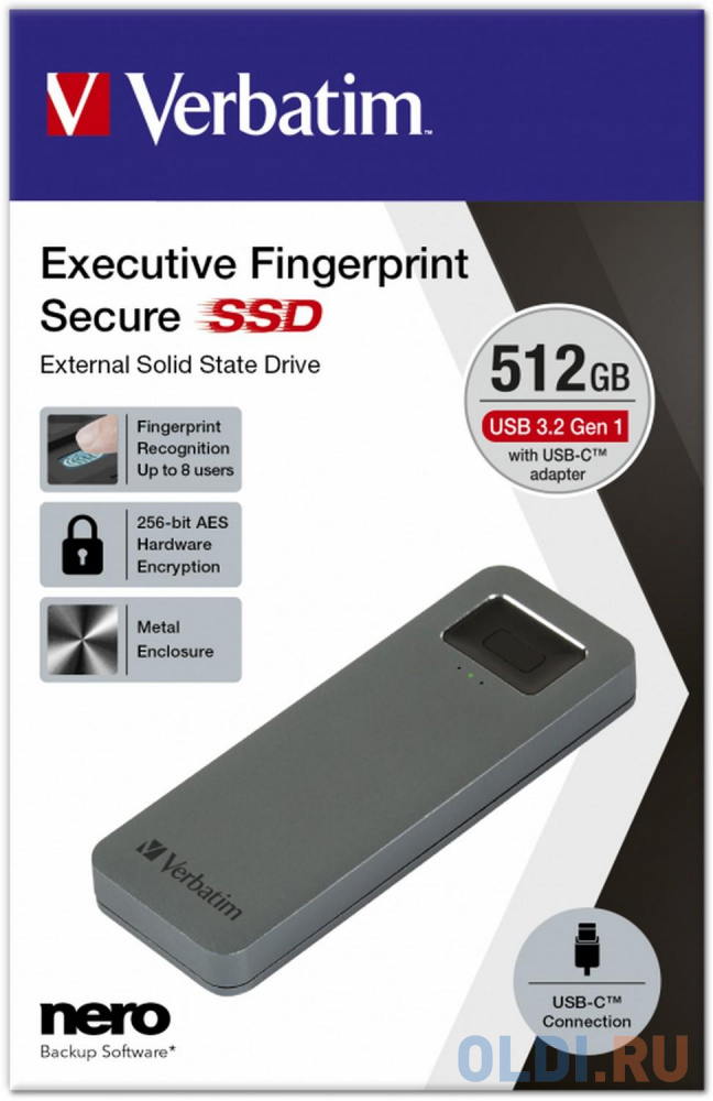 Внешний SSD диск 1.8" 512 Gb USB 3.2 Gen1 Verbatim Executive Fingerprint Secure серый 53656, размер 111 х 40 x 13 мм - фото 4
