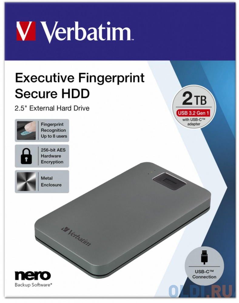 Внешний SSD диск 2.5" 2 Tb USB 3.2 Gen1 Verbatim Executive Fingerprint Secure серый 53653, размер 132,2 x 78 x 16 мм - фото 4
