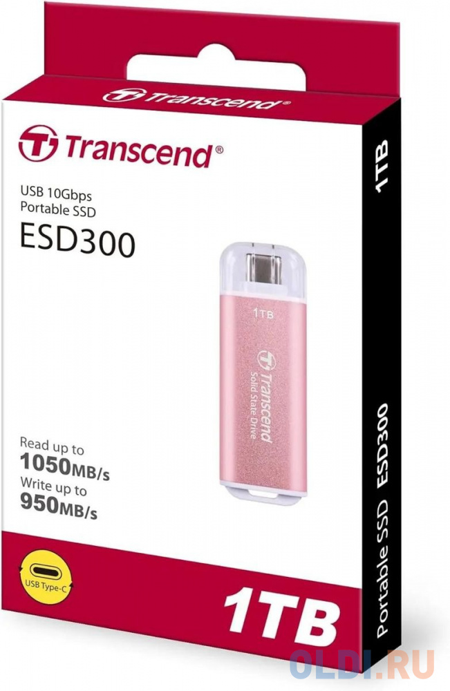 Внешний SSD External SSD Transcend 1.0Tb ESD300 &lt;TS1TESD300P&gt; (USB3.2 gen 2, Type C, 1050/950Mbs, 3D NAND, 60x20x7.8mm, 9g) розовый Вид№3