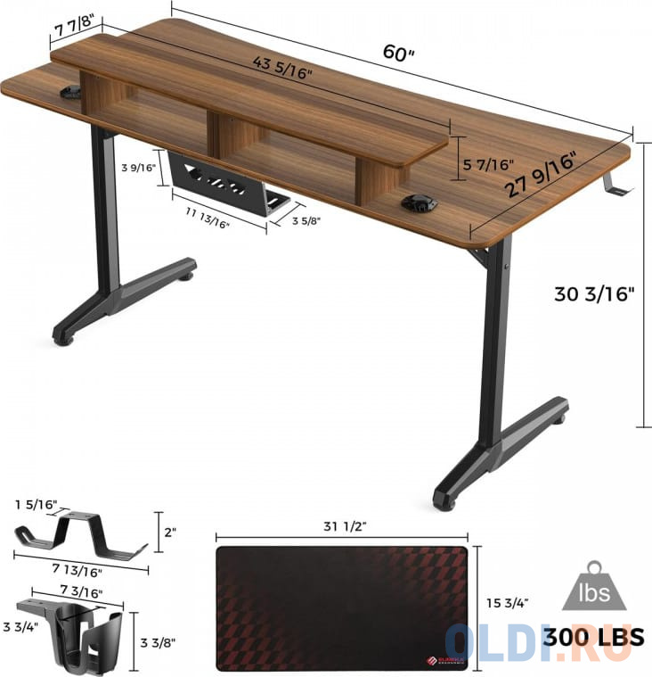 Стол для компьютера (для геймеров) EUREKA GIP 60, Walnut Вид№6