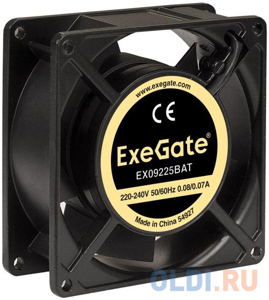 Exegate EX289004RUS Вентилятор 220В ExeGate EX09225BAT (92x92x25 мм, 2-Ball (двойной шарикоподшипник), клеммы, 2600RPM, 35dBA)