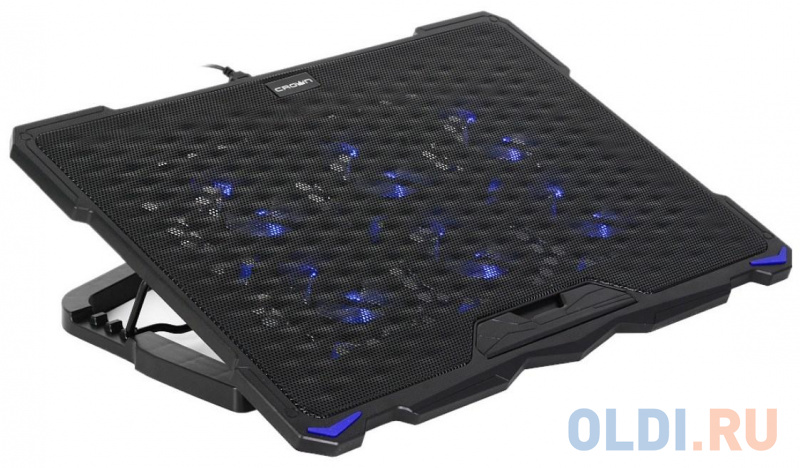 

CROWN Подставка для ноутбука CMLS-403 (до 17" Ш*Г*В: 415*295*25 мм. , кулеры: 6*D70*15 мм, регулятор оборотов, синяя подсветка, 4 уровня наклона), Черный