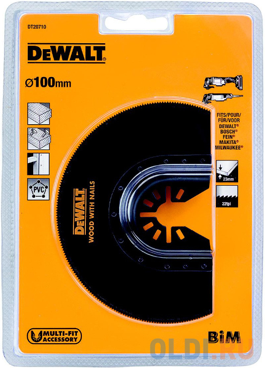 Полотно пильное DEWALT DT20710-QZ  для мфи сегм.диск BiM 23X100мм пиление заподлицо по дер. с гв. пв полотно для прецизионного стусла 550 мм закаленный зуб mатрикс