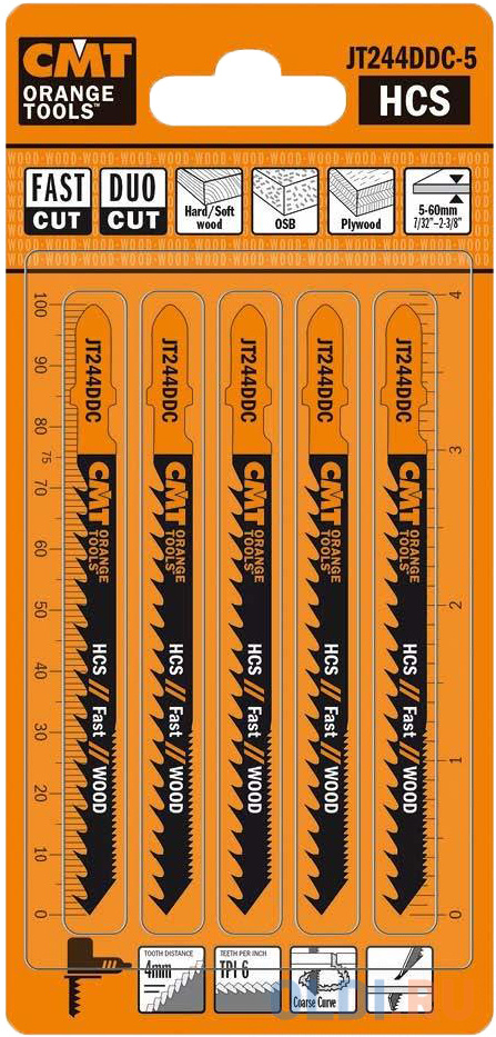CMTПилки лобзиковые  (HCS) 5 штук для древесины (2-х сторонний рез) 100x4-5.2x6TPIJT244DDC-5