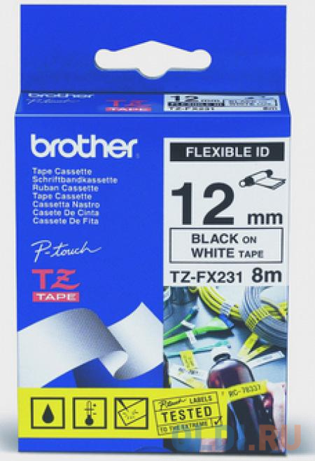 Плёнка для наклеек Brother TZE-FX231 чёрный шрифт на белой основе 12ммx8м - фото 1