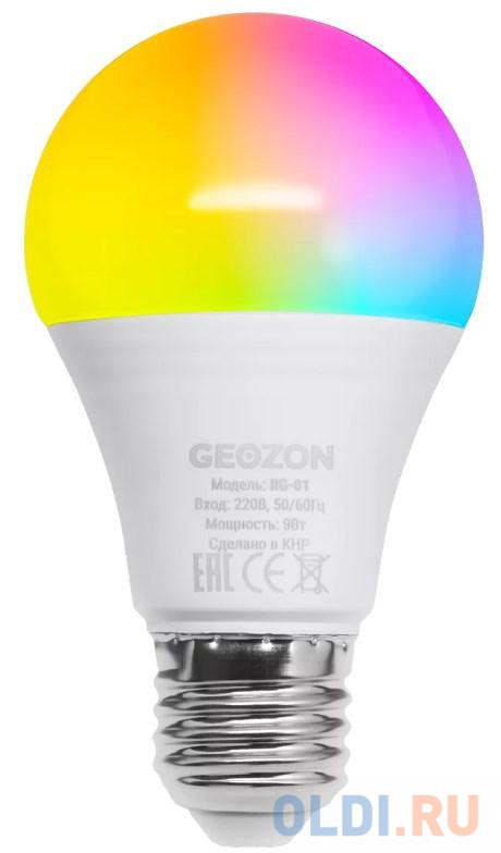 Умная LED лампа GEOZON RGB /E27/А60/10W/Wi-Fi/AC 220-250В, 50/60Гц/806lm/white GSH-SLR01 умная led лампа филамент geozon e14 c35 5 5w 2200k 5500k wi fi ac 220 250в 50 60гц 470lm transparent gsh slf02