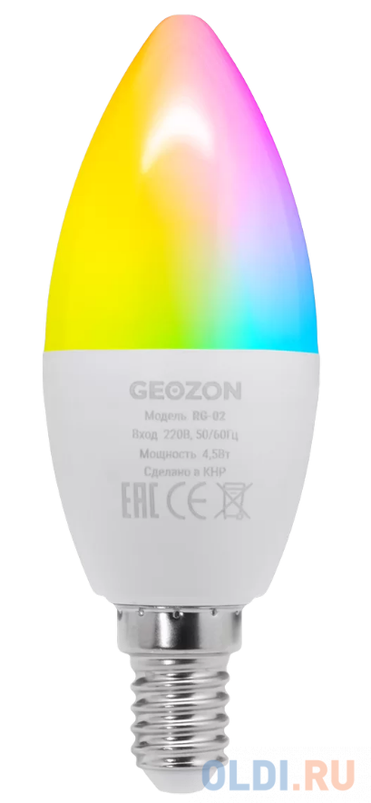 Умная LED лампа GEOZON RGB /E14/C37/5.5W/Wi-Fi/AC 220-250В, 50/60Гц/350lm/white GSH-SLR02 
