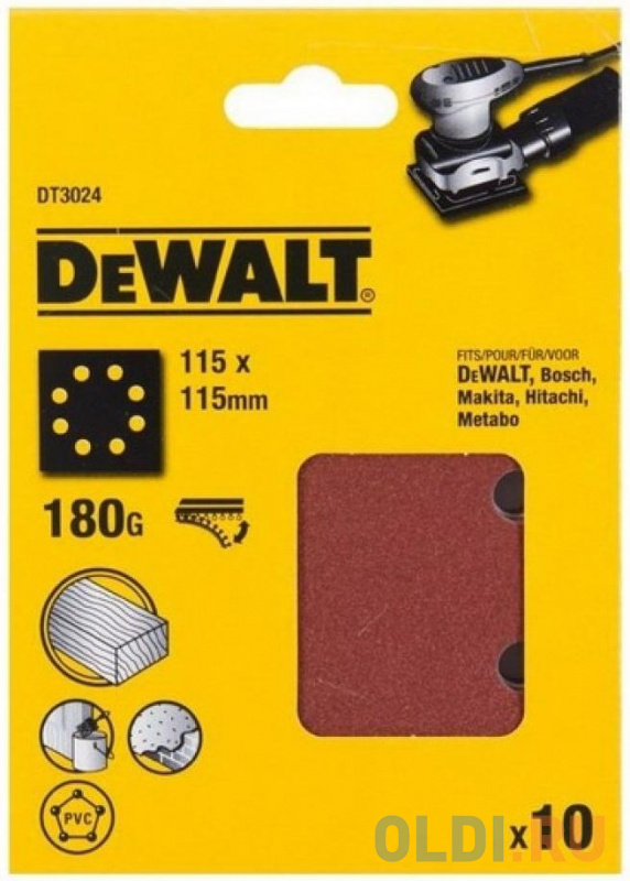 DeWalt Шлифлисты перф. 115х115мм,180G, 10шт DT3024-QZ