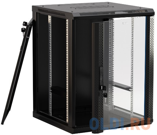 Шкаф настенный Hyperline TWB-0645-GP-RAL9004 19-дюймовый (19"), 6U, 367x600х450мм, стеклянная дверь с перфорацией по бокам, ручка с замком, цвет фото