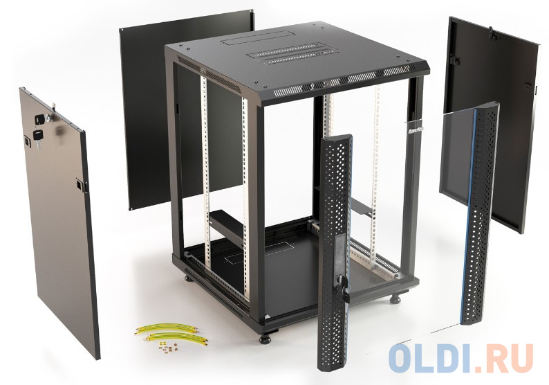 Hyperline TWB-FC-1566-GP-RAL9004 Шкаф настенный 19-дюймовый (19"), 15U, 775х600х600мм, стеклянная дверь с перфорацией по бокам, ручка с замком, с фото
