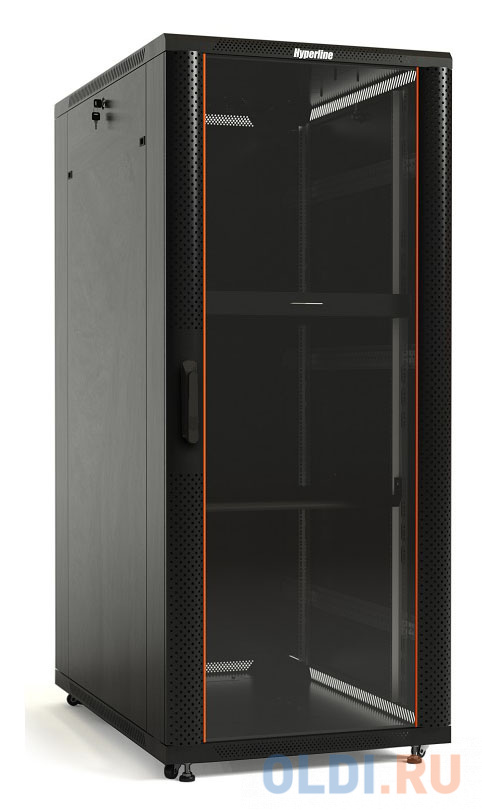 Шкаф серверный Hyperline (TTB-4261-AS-RAL9004) напольный 42U 600x1000мм пер.дв.стекл задн.дв.спл.стал.лист 2 бок.пан. 800кг черный 910мм IP20 сталь