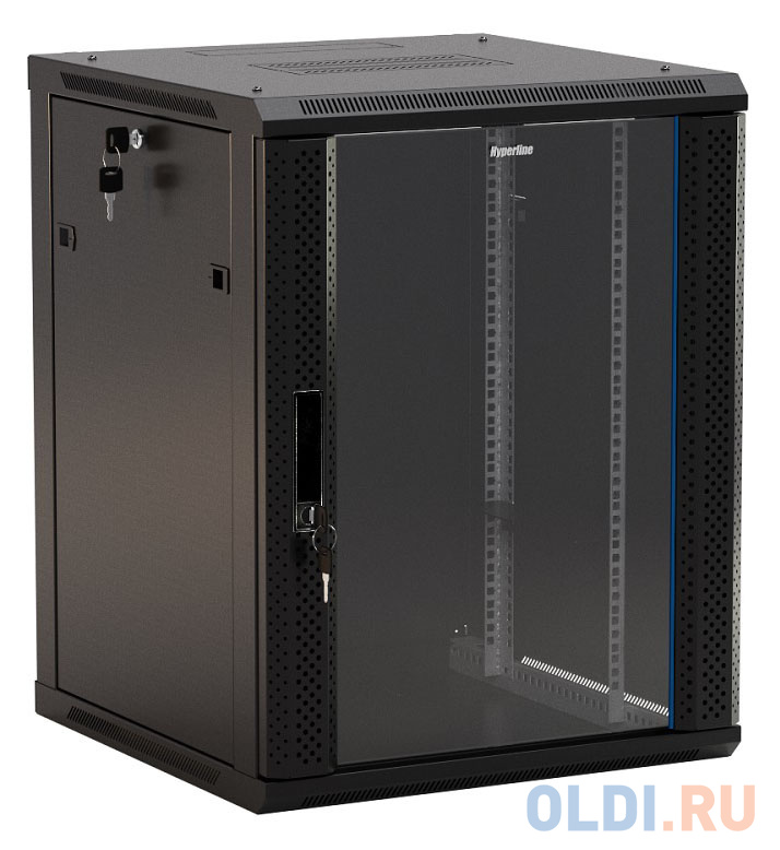 Шкаф коммутационный Hyperline (TWB-1866-GP-RAL9004) настенный 18U 600x600мм пер.дв.стекл 2 бок.пан. 60кг черный IP20 сталь