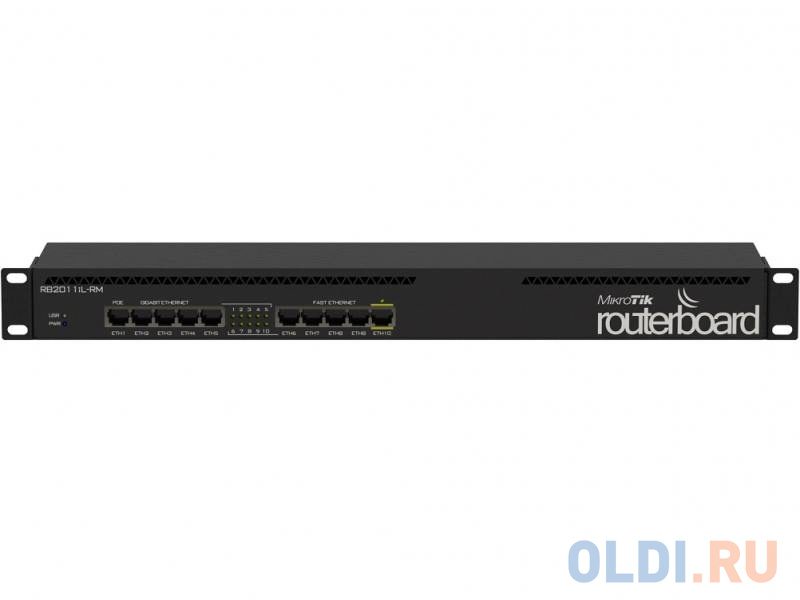 Маршрутизатор MikroTik RB2011iL-RM RouterBOARD 2011iL-RM with Atheros 74K MIPS CPU, 64MB RAM, 5xLAN, SxGbit LAN, RouterOS L4, 1U rackmount case, PSU