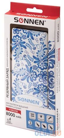 

Аккумулятор внешний SONNEN POWERBANK V3802S "ГЖЕЛЬ", 8000 mAh, 2 USB, литий-полимерный, 262916