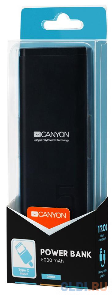 Зарядное устройство CANYON CNE-CPB05B 5000mAh Li-pol, In 5V/2A, Out 5V/2.1A,  Smart IC, Черный, кабель 0.25m - фото 4