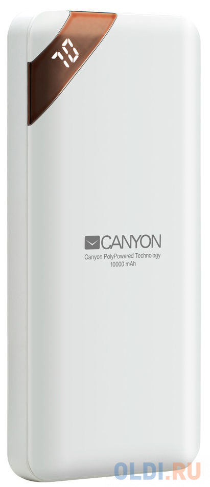 Зарядное устройство CANYON CNE-CPBP10W 10000mAh Li-pol, In 5V/2A, Out 5V/2.1A(Max), Smart IC and power display, Белый, кабель 0.25m,