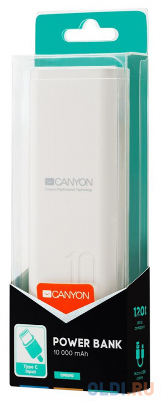 Зарядное устройство CANYON CNE-CPB010W 10000mAh Li-pol, In 5V/2A, Out 5V/2.1A,  Smart IC, Белый, кабель 0.25m, фото