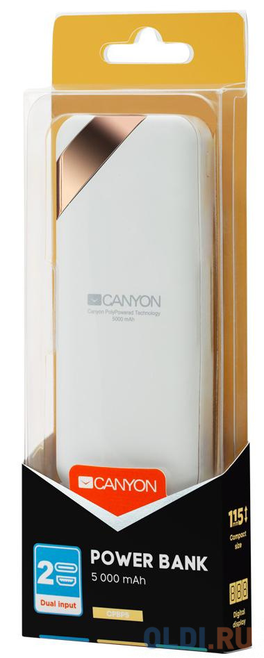 Зарядное устройство CANYON CNE-CPBP5W 5000mAh  Li-pol, In 5V/2A, Out 5V/2.1A, Smart IC and power display, Белый, кабель 0.25m - фото 4