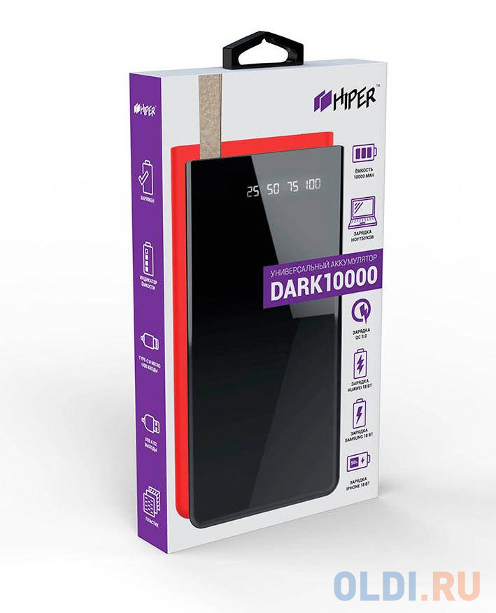 Мобильный аккумулятор Hiper DARK 10000 Black Li-Pol 10000mAh 2.4A+2A черный 2xUSB материал алюминий - фото 4