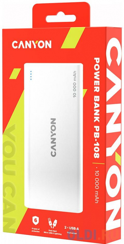Внешний аккумулятор Power Bank 10000 мАч Canyon PB-108 белый фото