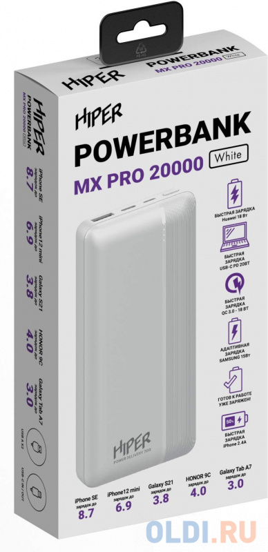 Внешний аккумулятор Power Bank 20000 мАч HIPER MX PRO 20000 белый фото