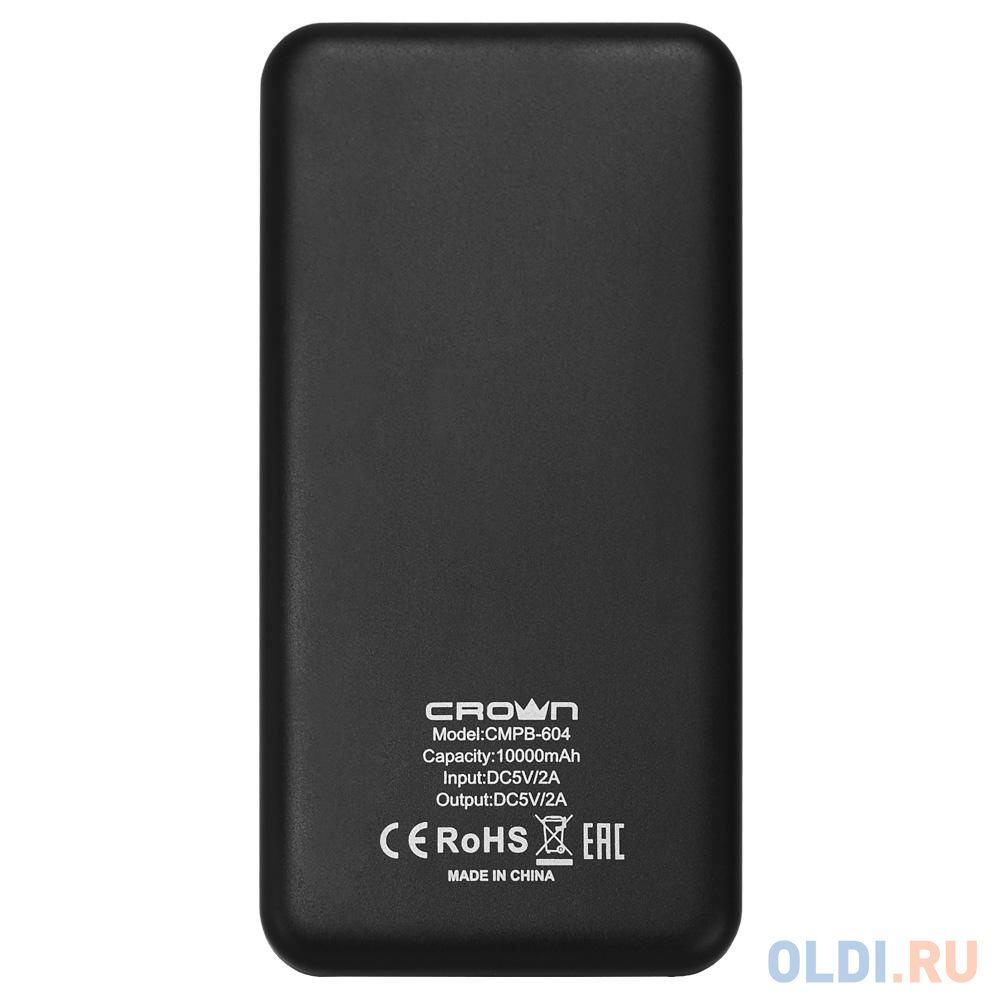 Crown Зарядное устройство CMPB-604 black (power bank, 10000 mAh, Li-Pol, вход: micro-USB-5В/2А; выход: USB-5В/2А), цвет черный, размер 95х30х190 мм - фото 2