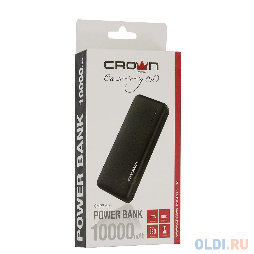 Crown Зарядное устройство CMPB-604 black (power bank, 10000 mAh, Li-Pol, вход: micro-USB-5В/2А; выход: USB-5В/2А), цвет черный, размер 95х30х190 мм - фото 5