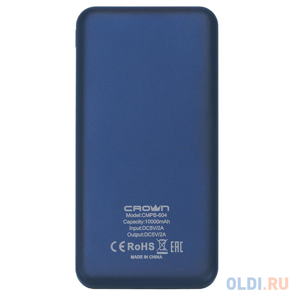 Crown Зарядное устройство CMPB-604 blue (power bank, 10000 mAh, Li-Pol, вход: micro-USB-5В/2А; выход: USB-5В/2А), цвет синий, размер 95х30х190 мм - фото 2