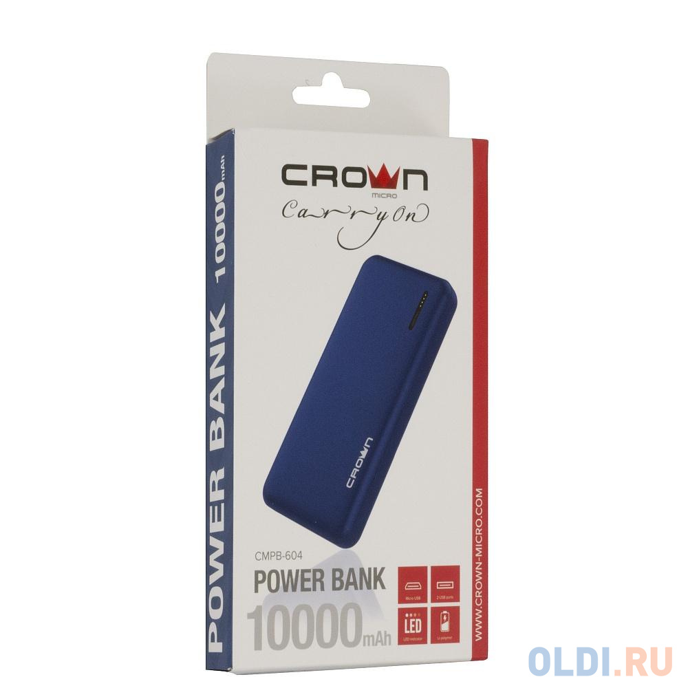 Crown Зарядное устройство CMPB-604 blue (power bank, 10000 mAh, Li-Pol, вход: micro-USB-5В/2А; выход: USB-5В/2А), цвет синий, размер 95х30х190 мм - фото 4