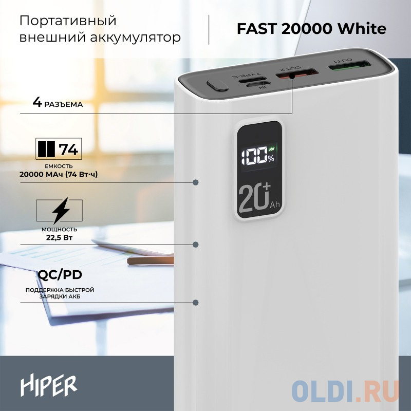 Внешний аккумулятор Power Bank 20000 мАч HIPER EP 20000 белый фото