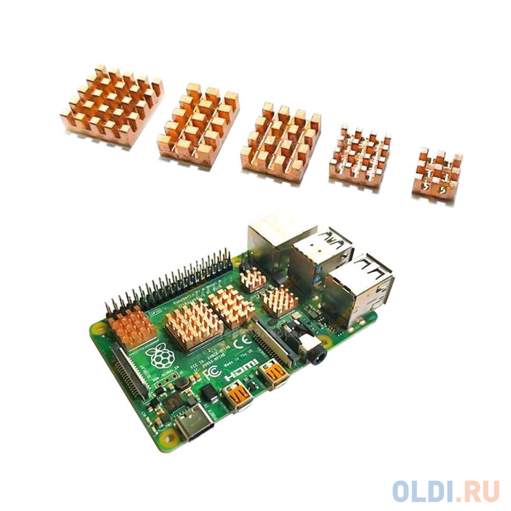 RA603   Набор радиаторов ACD  5 in 1 Pure Copper HeatSink (15x10x4мм, 14x14x4мм, 13x11x4мм, 9x9x4мм и 7x7x4мм) for Raspberry 4B комплект из 5 шт