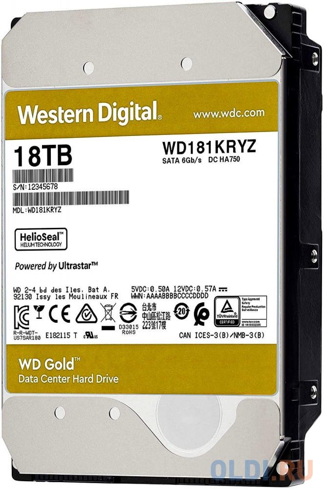 Жёсткий диск 3.5" 18 Тб 7200rpm 512 Western Digital Gold Enterprise Class SATA III WD181KRYZ