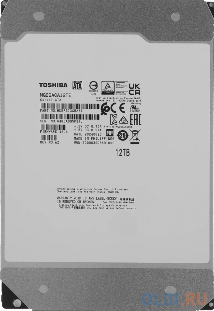 Жесткий диск/ HDD Toshiba SATA 12Tb 3.5" Server 7200 6Gbit/s 512Mb 1 year warranty (replacement MG07ACA12TE) - MG09ACA12TE