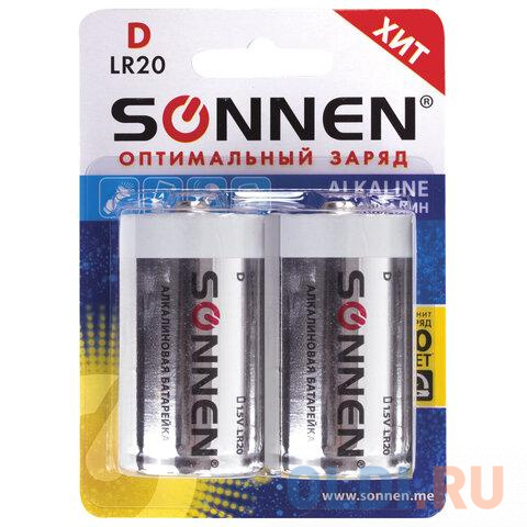 

Батарейки КОМПЛЕКТ 2 шт, SONNEN Alkaline, D (LR20, 13А), алкалиновые, в блистере, 451091