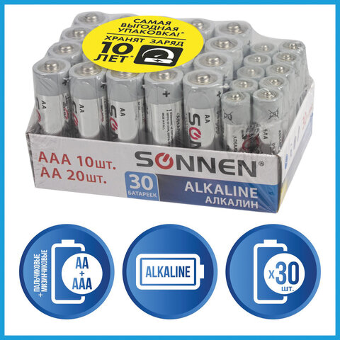 

Батарейки КОМПЛЕКТ 30 (20+10) шт., SONNEN Alkaline, AA+ААА (LR6+LR03), в коробке, 455097