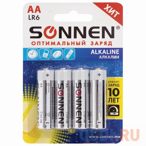 

Батарейки КОМПЛЕКТ 4 шт., SONNEN Alkaline, АА (LR6, 15А), алкалиновые, пальчиковые, блистер, 451085