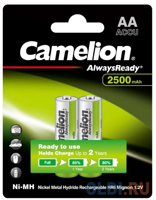 

Camelion AA- 2500mAh Ni-Mh Always Ready BL-2 (NH-AA2500ARBP2, аккумулятор, 1.2В) (2 шт. в уп-ке)