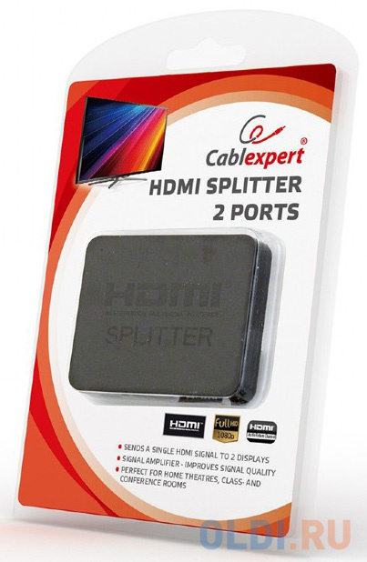 Cablexpert DSP-2PH4-03 Разветвитель HDMI Cablexpert DSP-2PH4-03, HD19F/2x19F, 1 компьютер => 2 монитора, Full-HD, 3D, 1.4v компьютер