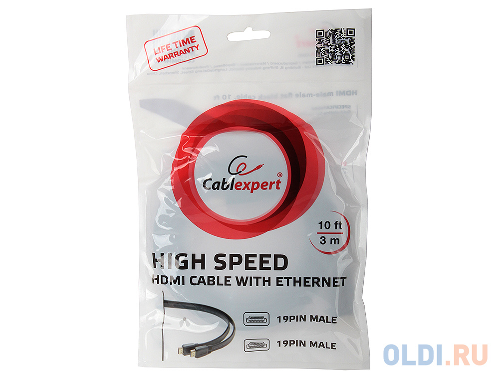 Кабель HDMI Gembird/Cablexpert, 3м, v1.4, 19M/19M, плоский кабель, черный, позол.разъемы CC-HDMI4F-10 кабель hdmi gembird cablexpert 1м v1 4 19m 19m плоский кабель позол разъ cc hdmi4f 1m