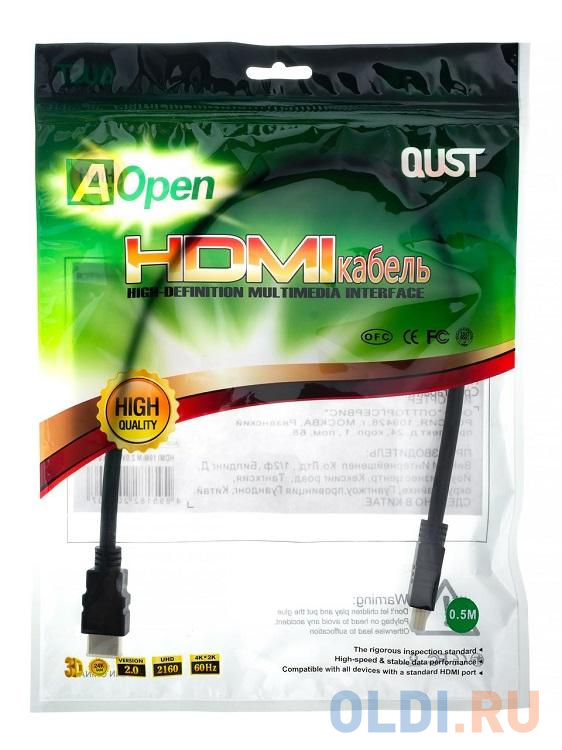Кабель HDMI 19M/M ver 2.0, 0.5М  Aopen <ACG711-0.5M> фото