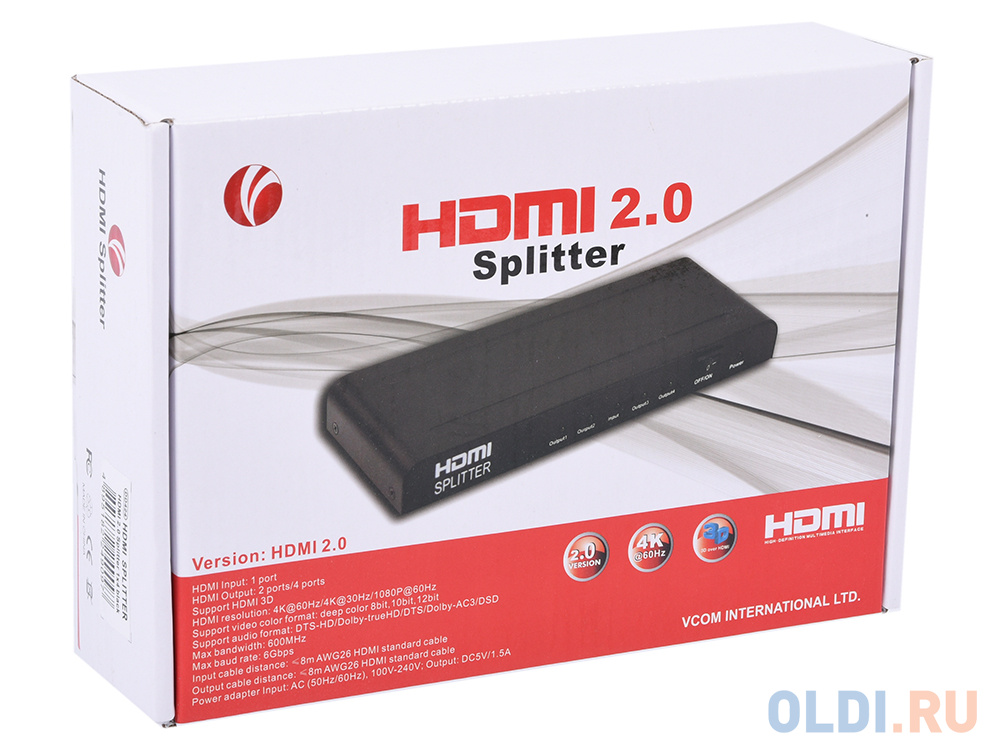 Разветвитель HDMI Spliitter 1=4 2.0v, 4K/60Hz, VCOM &lt;DD424 Вид№5