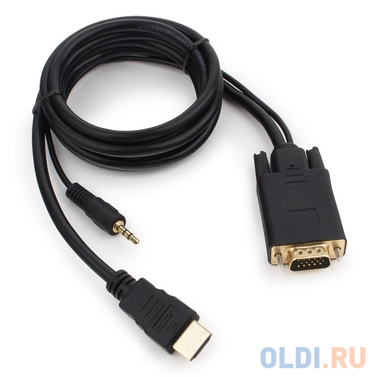 Кабель HDMI-VGA Cablexpert, 19M/15M + 3.5Jack, 1.8м, черный, позол.разъемы, пакет кабель hdmi dvi 19m 19m single link gembird 3 0м позол разъемы экран пакет cc hdmi dvi 10
