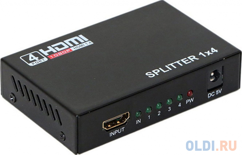 Разветвитель HDMI 4K Orient HSP0104HN, 1-4, HDMI 1.4/3D, UHDTV 4K(3840x2160)/HDTV1080p/1080i/720p, HDCP1.2, внешний БП-зарядник 2xUSB 5В/2.1A, метал.