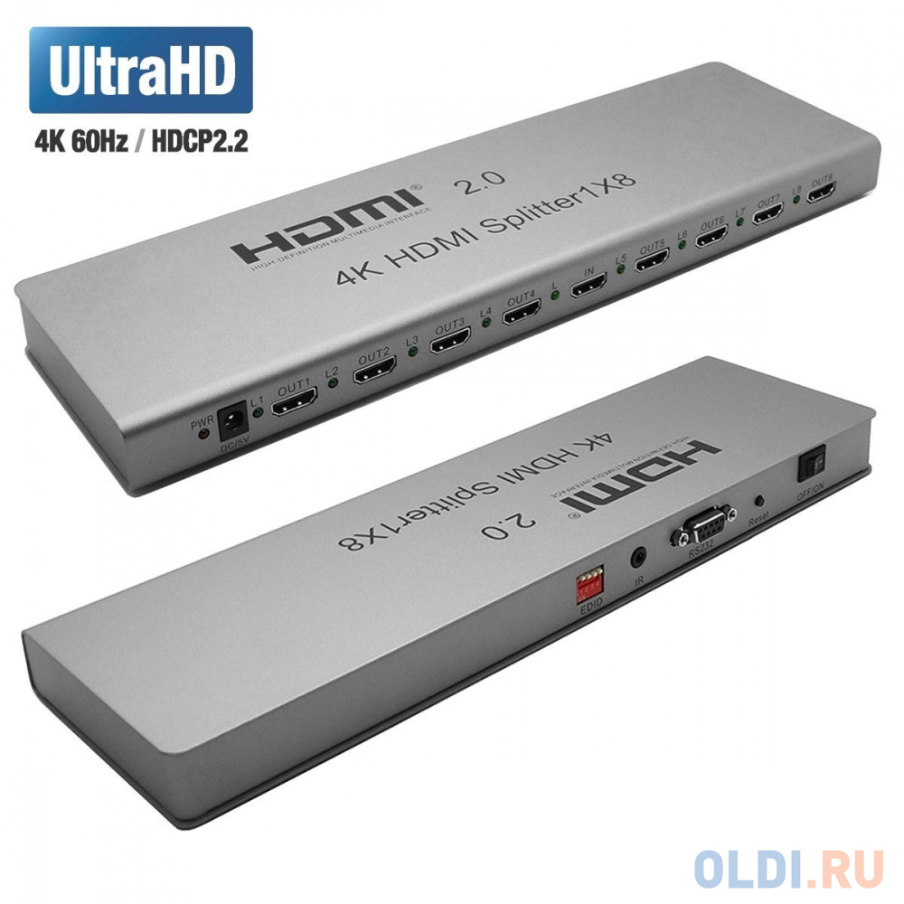 Разветвитель Orient HSP0108H-2.0, HDMI 4K Splitter 1-8, HDMI 2.0/3D, UHDTV 4K/ 60Hz (3840x2160)/HDTV1080p, HDCP2.2, EDID управление, RS232 порт, IR вх