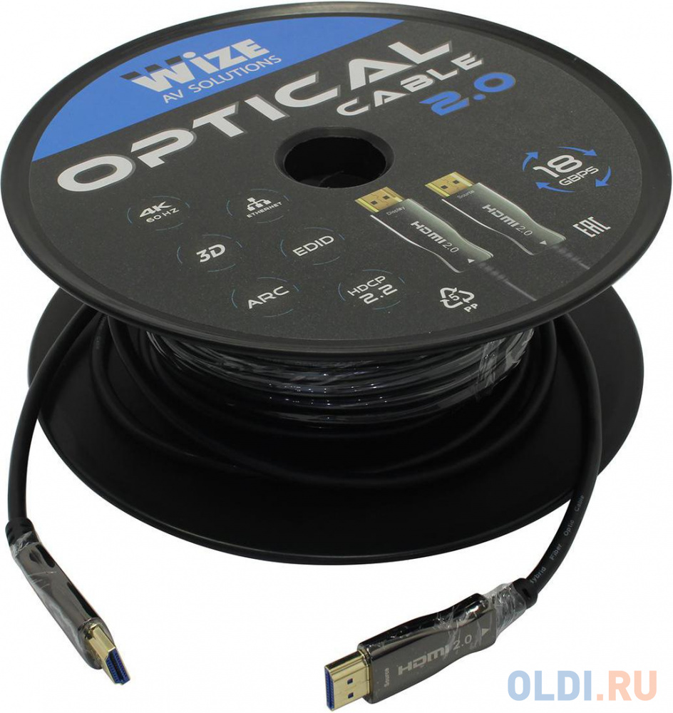 Кабель HDMI Wize [AOC-HM-HM-10M] оптический, 10 м, 4K/60HZ 4:4:4, v.2.0, ARC, 19M/19M, HDCP 2.2, Ethernet, черный, коробка - фото 1