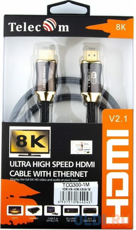 Кабель HDMI 19M/M,ver. 2.1, 8K@60 Hz 1m метал разъемы, Telecom &lt;TCG365-1M&gt; Вид№2