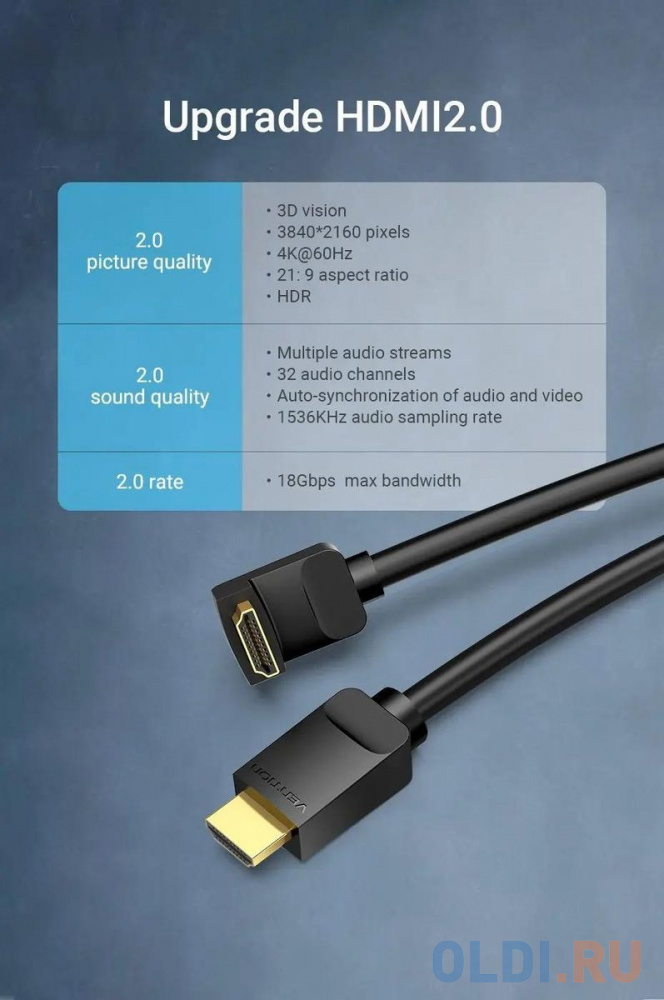 Кабель Vention HDMI High speed v2.0 with Ethernet 19M/19M угол 270 - 2м Вид№2